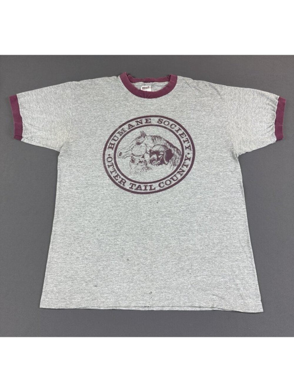 Rare Vintage 90s Humane Society Otter Tail County Ringer Anvil Large Gray Tee